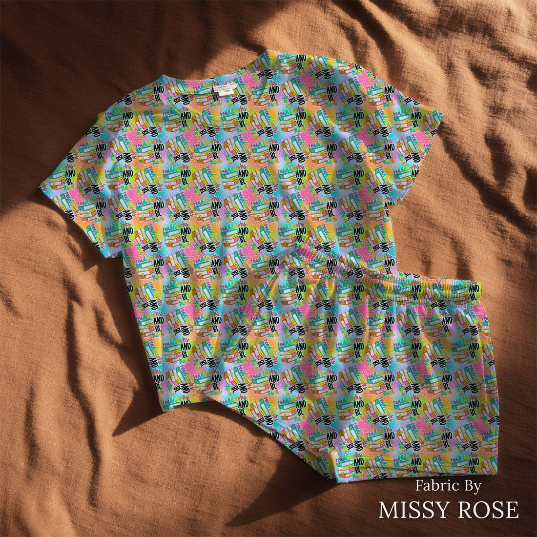 Design 255 Bright Books Fabric sewn into a lounge set – see how the print looks made up | Fabric by Missy Rose