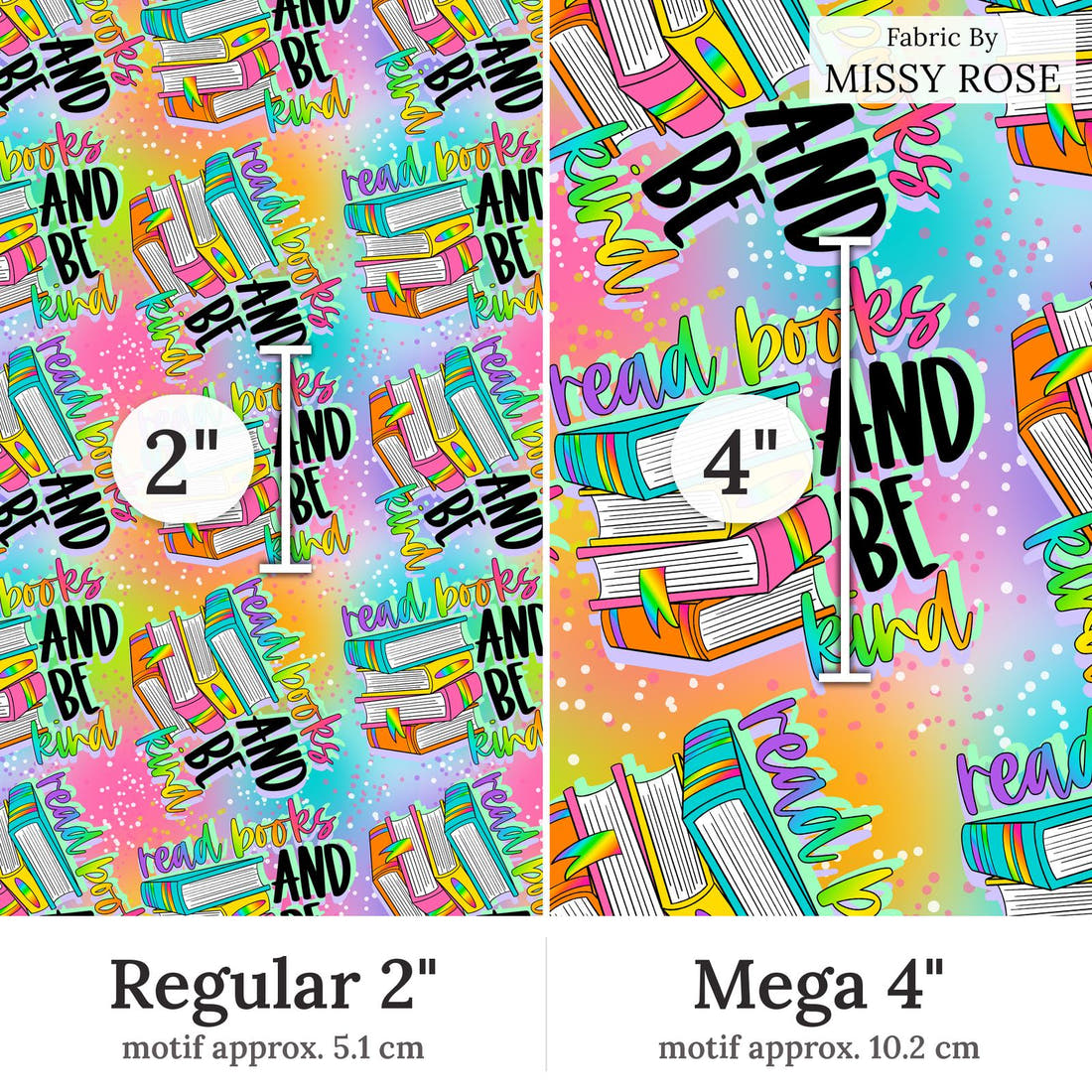 Design 255 Bright Books Fabric Regular 2 inch vs Mega 4 inch print scale side by side | Fabric by Missy Rose
