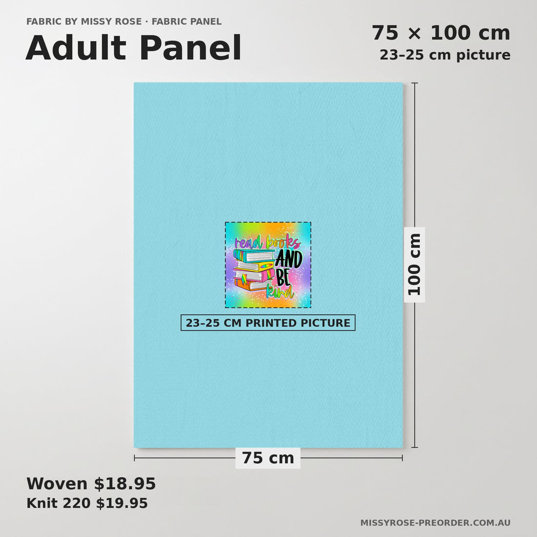 Design 255 Bright Books Panel adult panel sizing – 23–25 cm printed picture on 75 × 100 cm fabric | Fabric by Missy Rose