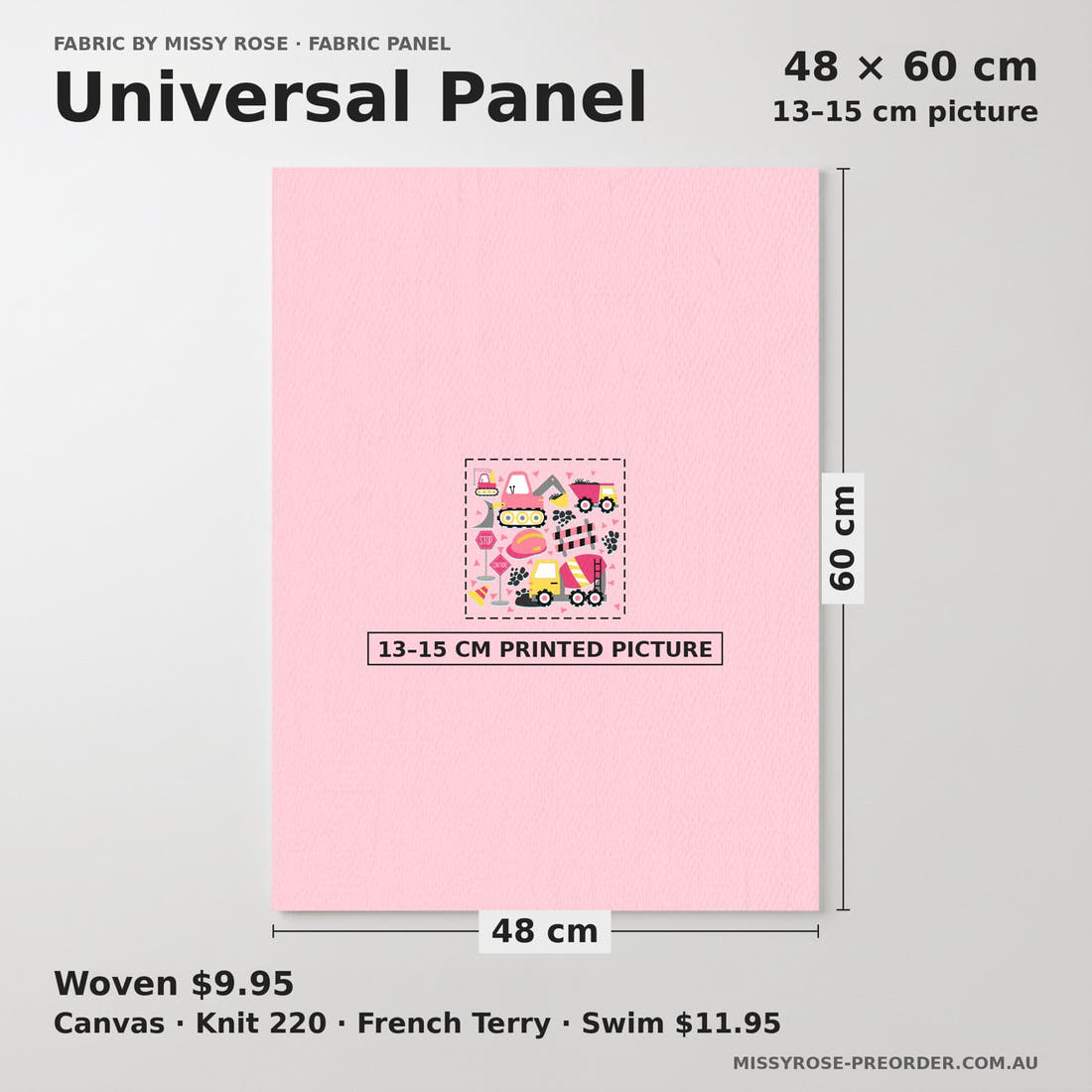 Design 256 Pink Construction Panel universal panel sizing – 13–15 cm printed picture on 48 × 60 cm fabric | Fabric by Missy Rose