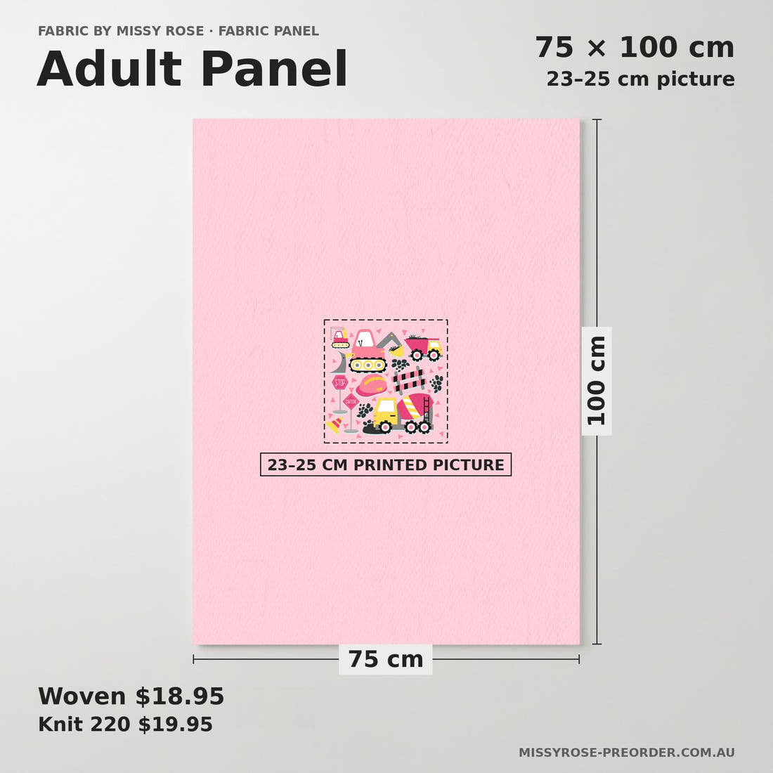 Design 256 Pink Construction Panel adult panel sizing – 23–25 cm printed picture on 75 × 100 cm fabric | Fabric by Missy Rose