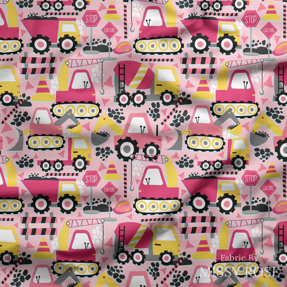 Design 256 Pink Construction Fabric draped fabric mockup – custom printed fabric by the metre | Fabric by Missy Rose