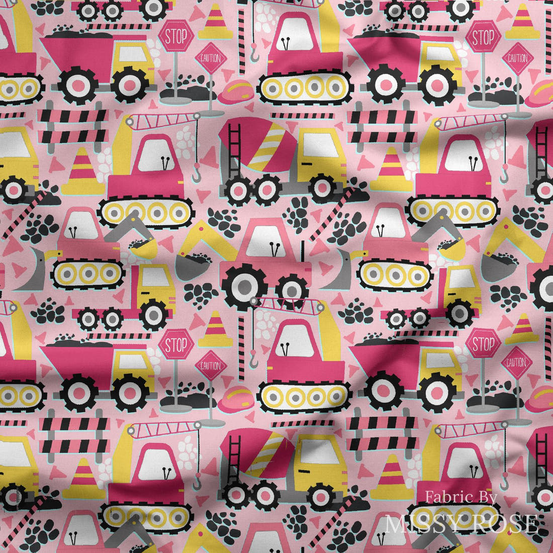 Design 256 Pink Construction Fabric draped fabric mockup – custom printed fabric by the metre | Fabric by Missy Rose