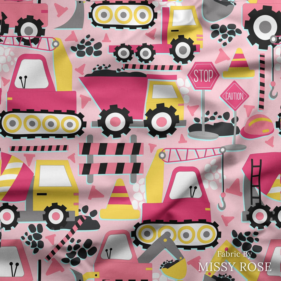 Design 256 Pink Construction Fabric draped fabric mockup – custom printed fabric by the metre | Fabric by Missy Rose