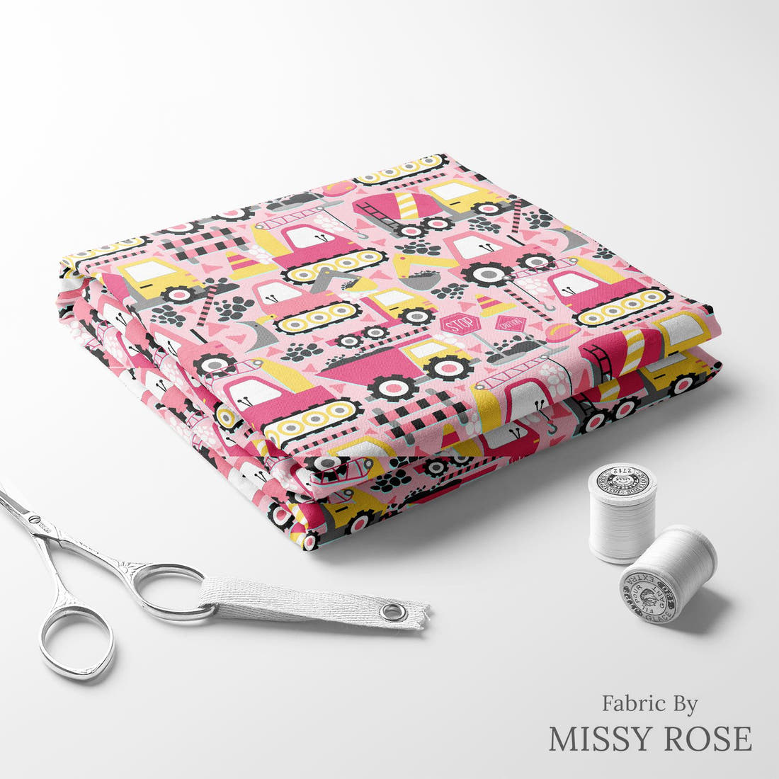 Design 256 Pink Construction Fabric folded fabric stack with matching thread – pre-order fabric Australia | Fabric by Missy Rose
