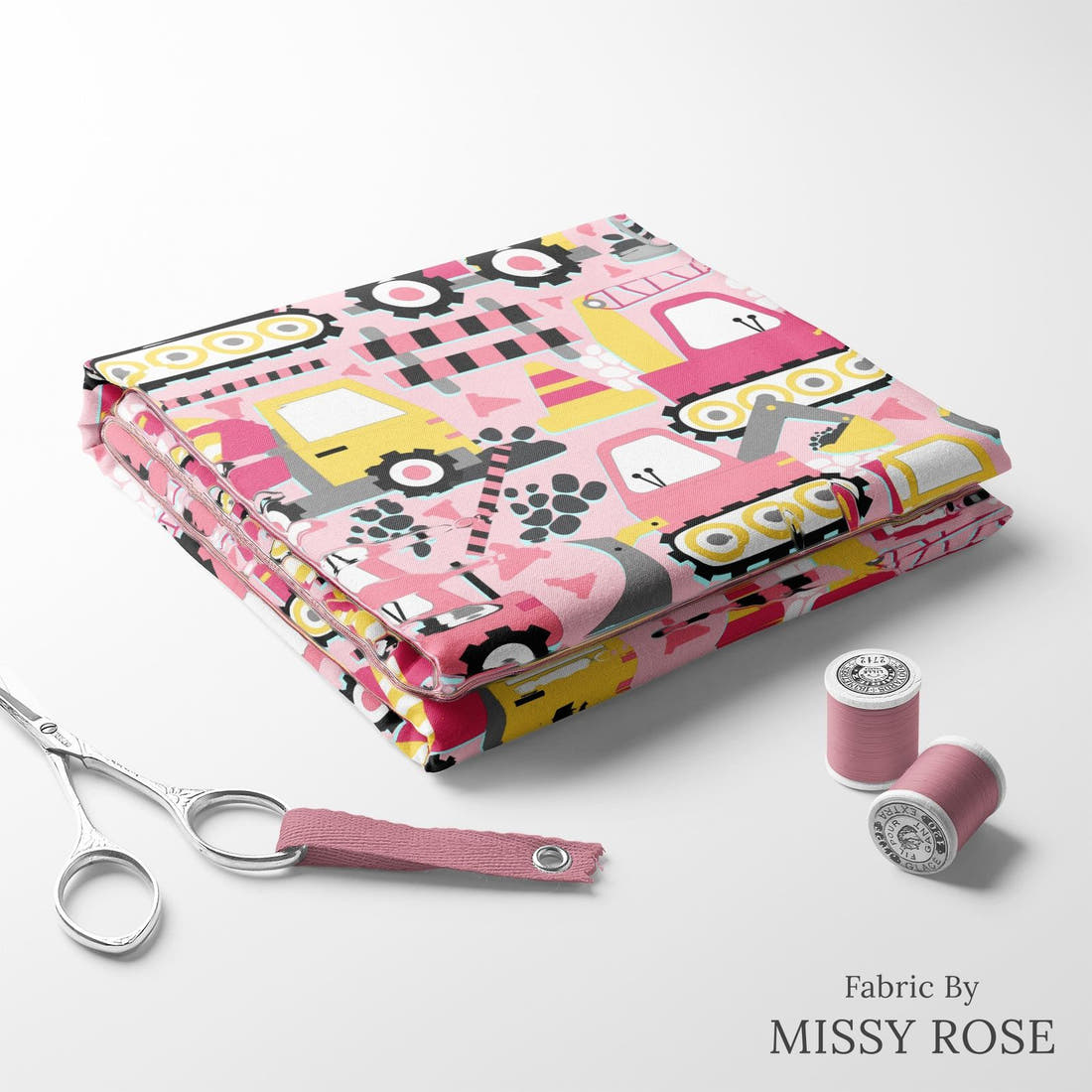 Design 256 Pink Construction Fabric folded fabric stack with matching thread – pre-order fabric Australia | Fabric by Missy Rose