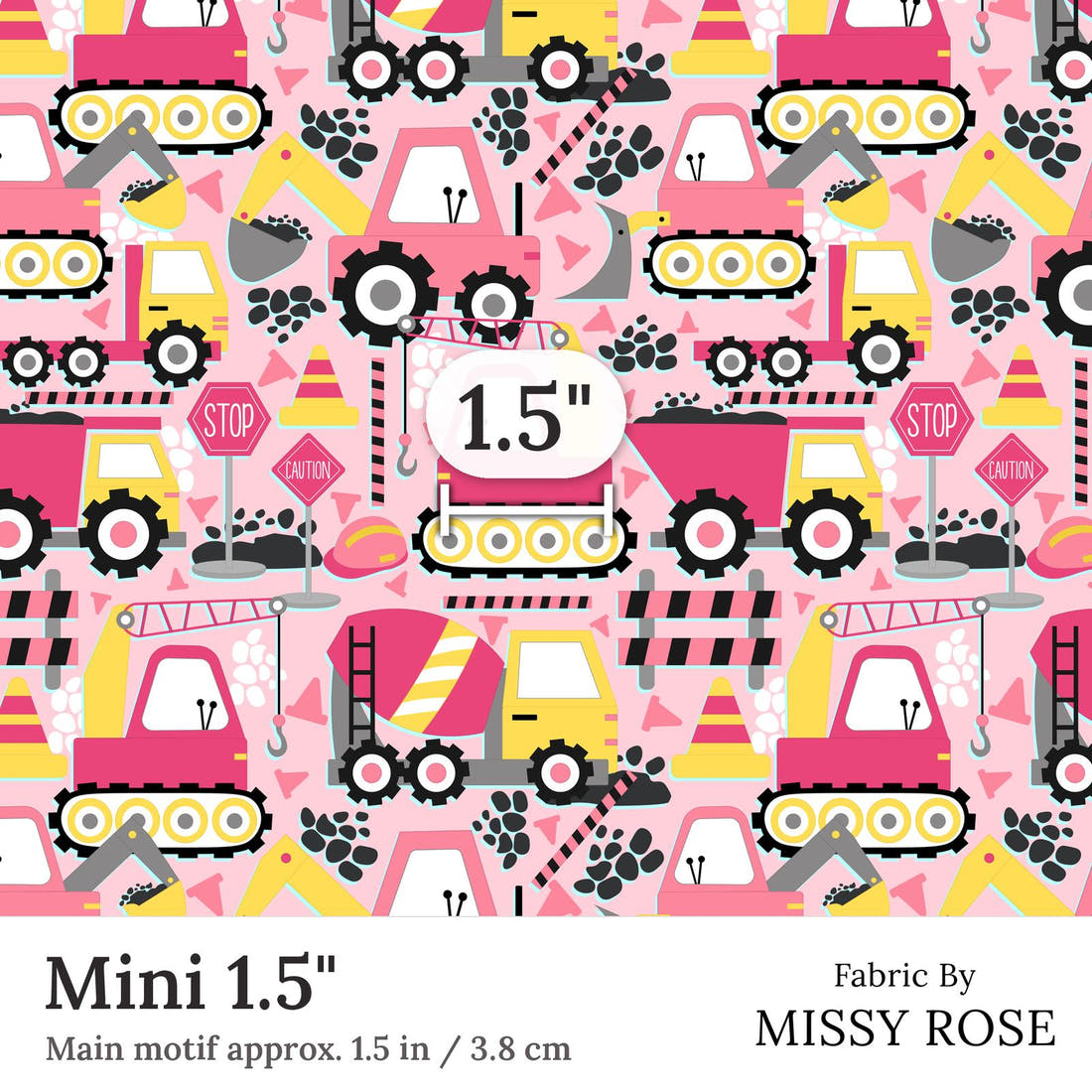 Design 256 Pink Construction Fabric Mini 1.5 inch print scale guide | Fabric by Missy Rose