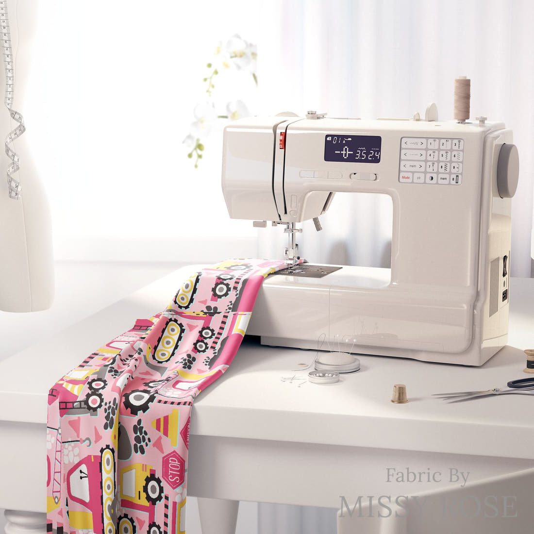 Design 256 Pink Construction Fabric on a sewing machine – premium fabric for sewing projects | Fabric by Missy Rose