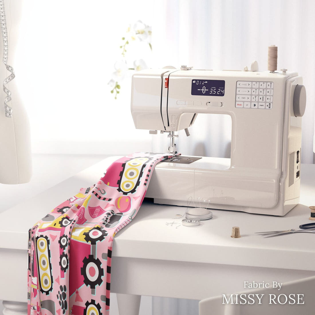 Design 256 Pink Construction Fabric on a sewing machine – premium fabric for sewing projects | Fabric by Missy Rose