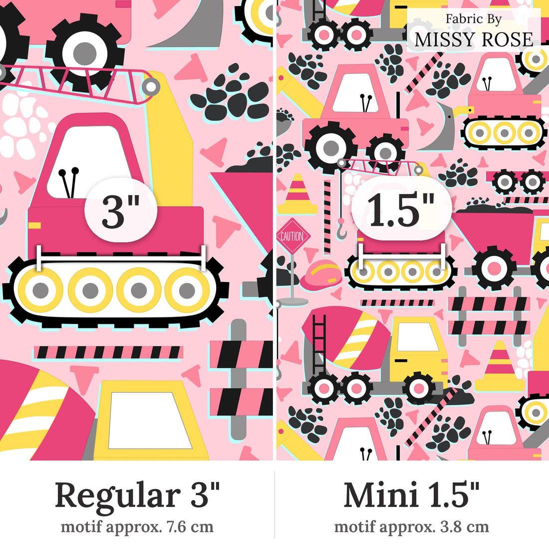 Design 256 Pink Construction Fabric Regular 3 inch vs Mini 1.5 inch print scale side by side | Fabric by Missy Rose