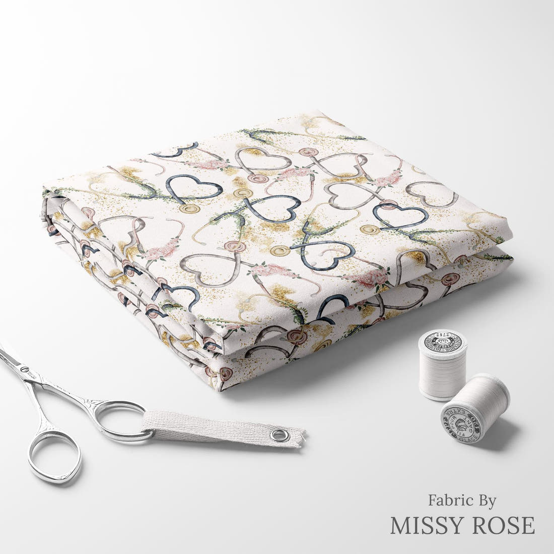 Design 257 Stethoscope Fabric folded fabric stack with matching thread – pre-order fabric Australia | Fabric by Missy Rose