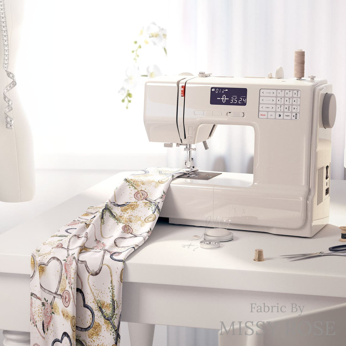 Design 257 Stethoscope Fabric on a sewing machine – premium fabric for sewing projects | Fabric by Missy Rose