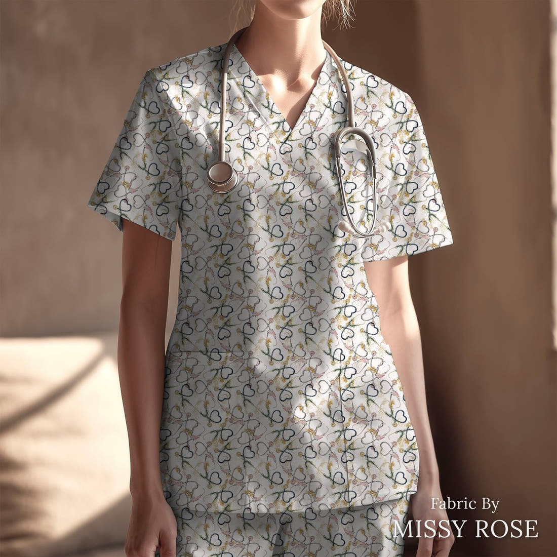 Design 257 Stethoscope Fabric sewn into a scrubs top – see how the print looks made up | Fabric by Missy Rose