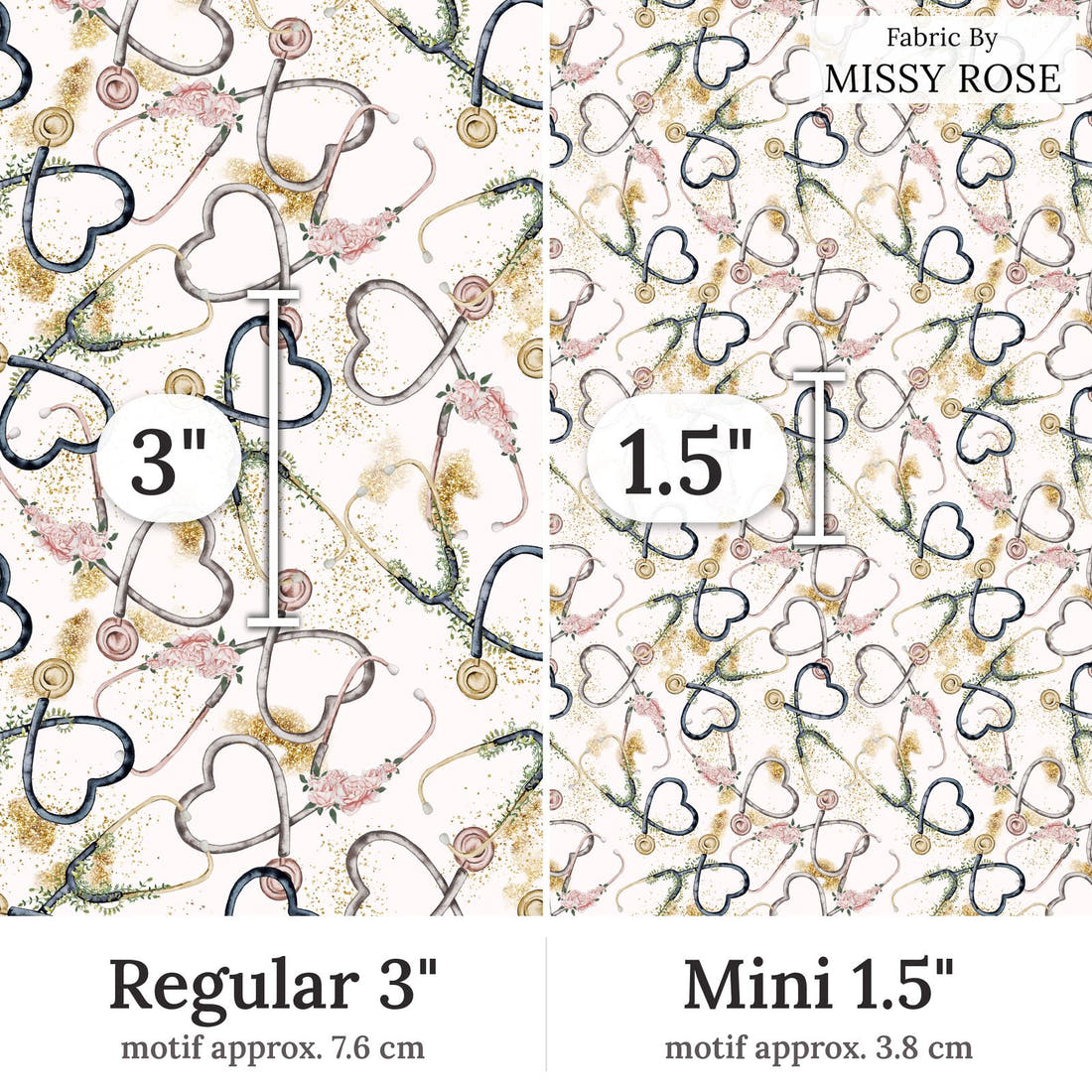 Design 257 Stethoscope Fabric Regular 3 inch vs Mini 1.5 inch print scale side by side | Fabric by Missy Rose