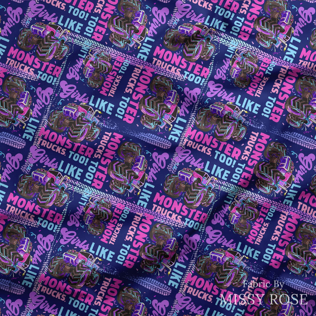 Design 258 Monster Truck Fabric draped fabric mockup – custom printed fabric by the metre | Fabric by Missy Rose
