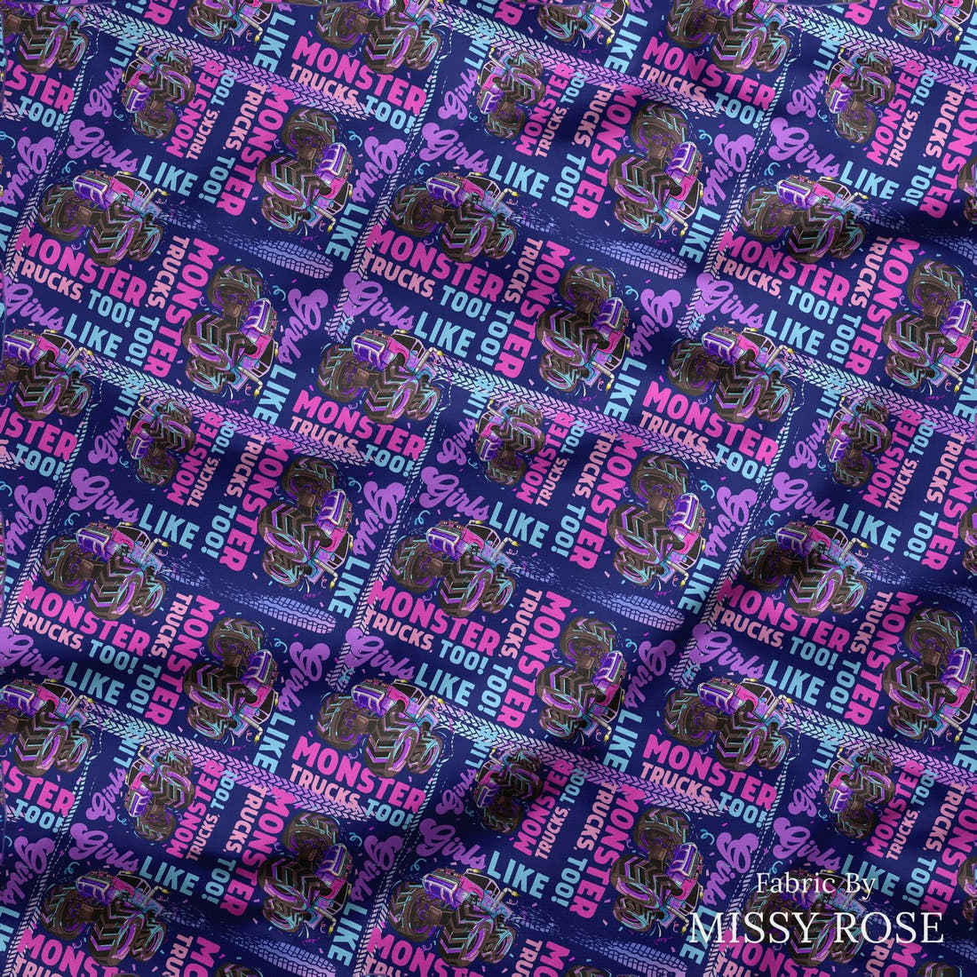 Design 258 Monster Truck Fabric draped fabric mockup – custom printed fabric by the metre | Fabric by Missy Rose