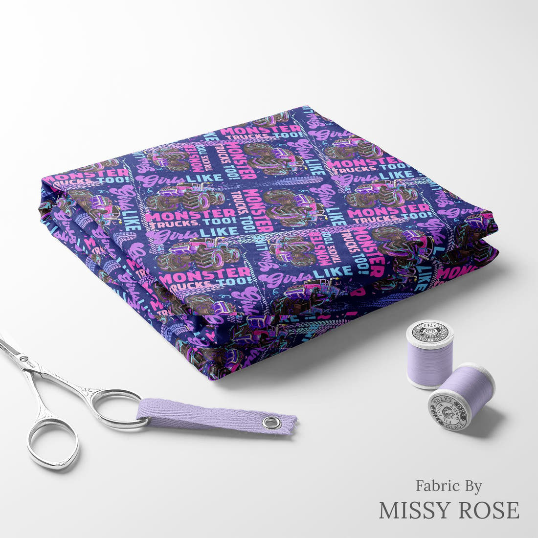 Design 258 Monster Truck Fabric folded fabric stack with matching thread – pre-order fabric Australia | Fabric by Missy Rose