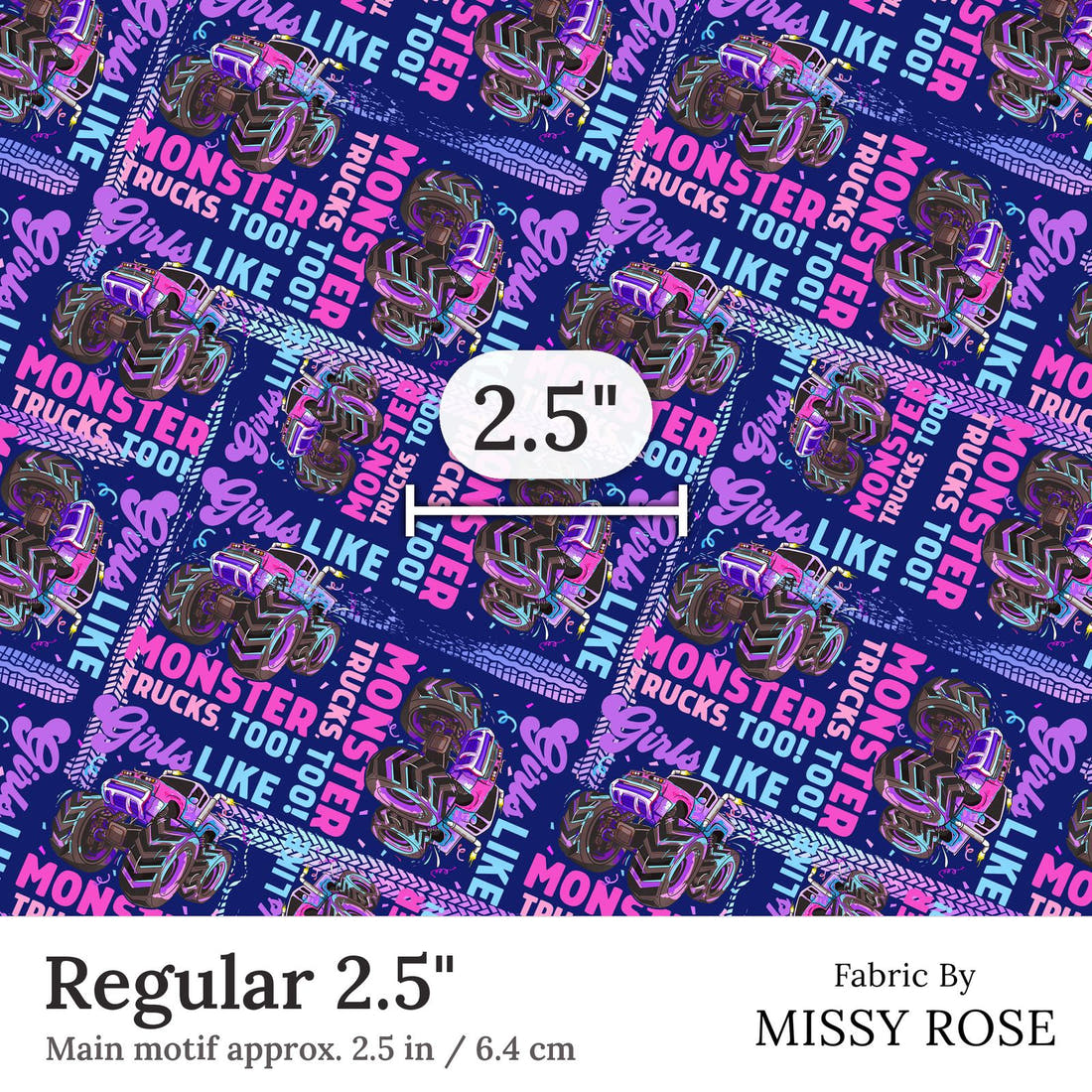 Design 258 Monster Truck Fabric Regular 2.5 inch print scale guide | Fabric by Missy Rose