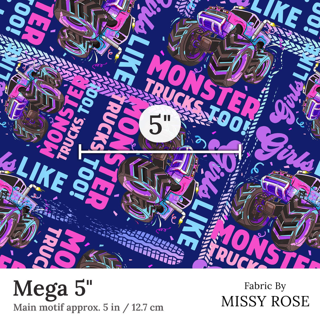 Design 258 Monster Truck Fabric Mega 5 inch print scale guide | Fabric by Missy Rose