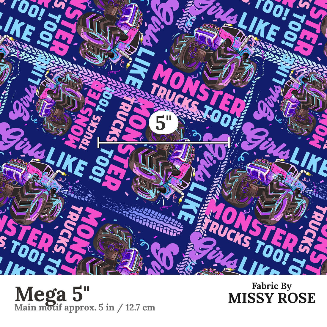 Design 258 Monster Truck Fabric Mega 5" - print scale | Fabric by Missy Rose