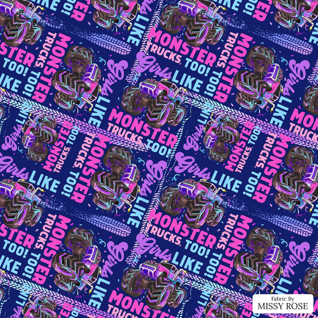 Design 258 Monster Truck Fabric - flat view of the print, zoom in for detail | Fabric by Missy Rose