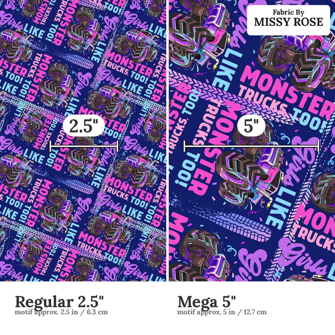 Design 258 Monster Truck Fabric size comparison - print scale | Fabric by Missy Rose