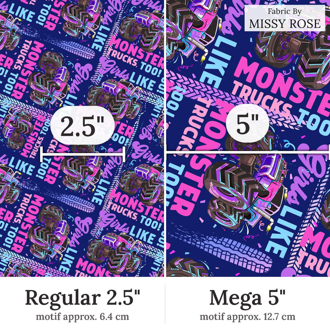 Design 258 Monster Truck Fabric Regular 2.5 inch vs Mega 5 inch print scale side by side | Fabric by Missy Rose
