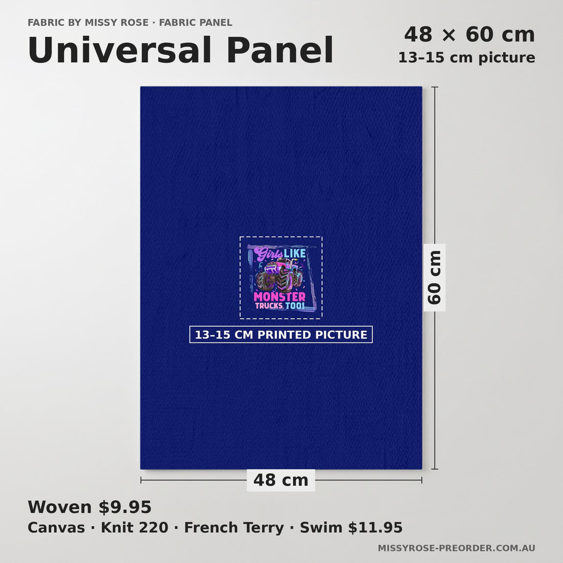 Design 258 Monster Truck Panel universal panel sizing – 13–15 cm printed picture on 48 × 60 cm fabric | Fabric by Missy Rose