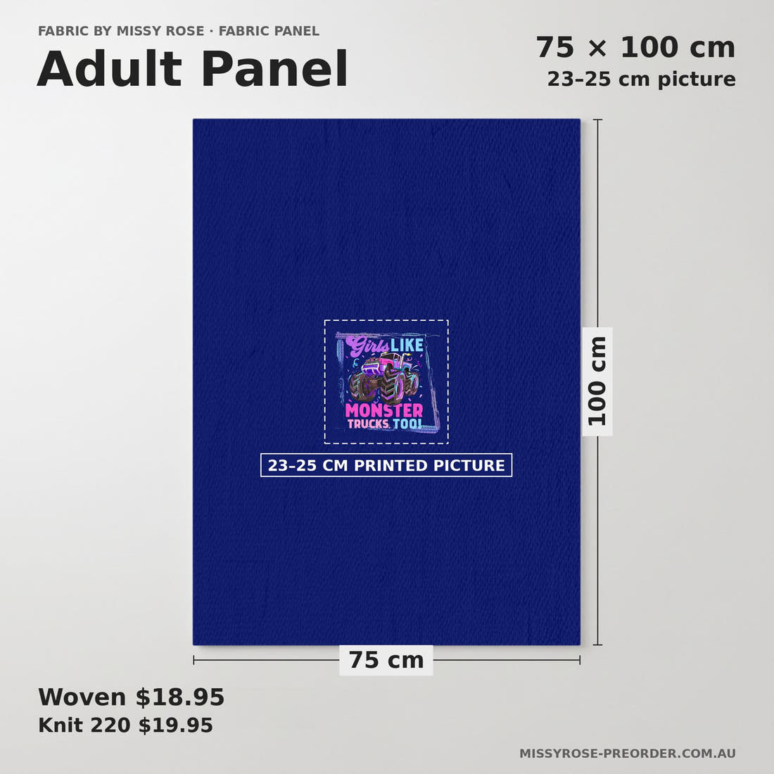 Design 258 Monster Truck Panel adult panel sizing – 23–25 cm printed picture on 75 × 100 cm fabric | Fabric by Missy Rose