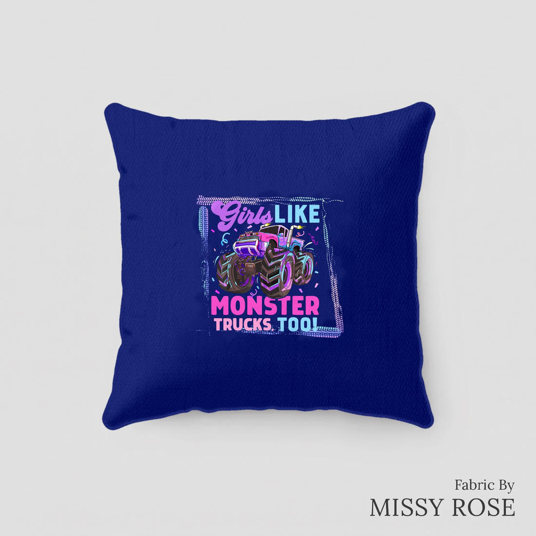 Design 258 Monster Truck Panel sewn into a cushion – see how the panel looks made up | Fabric by Missy Rose
