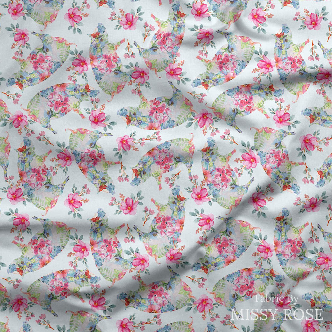 Design 259 Floral Pig Fabric draped fabric mockup – custom printed fabric by the metre | Fabric by Missy Rose