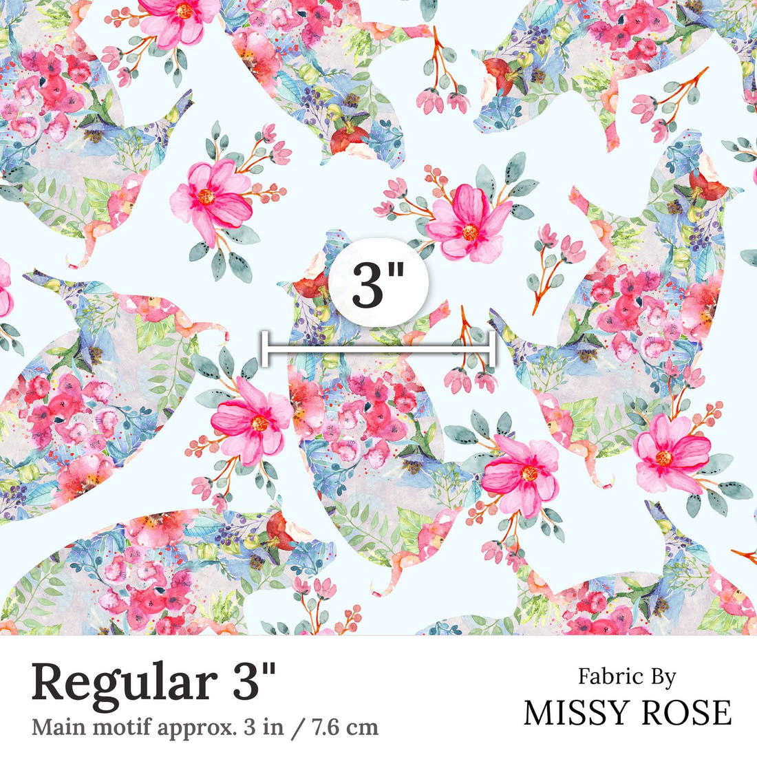 Design 259 Floral Pig Fabric Regular 3 inch print scale guide | Fabric by Missy Rose