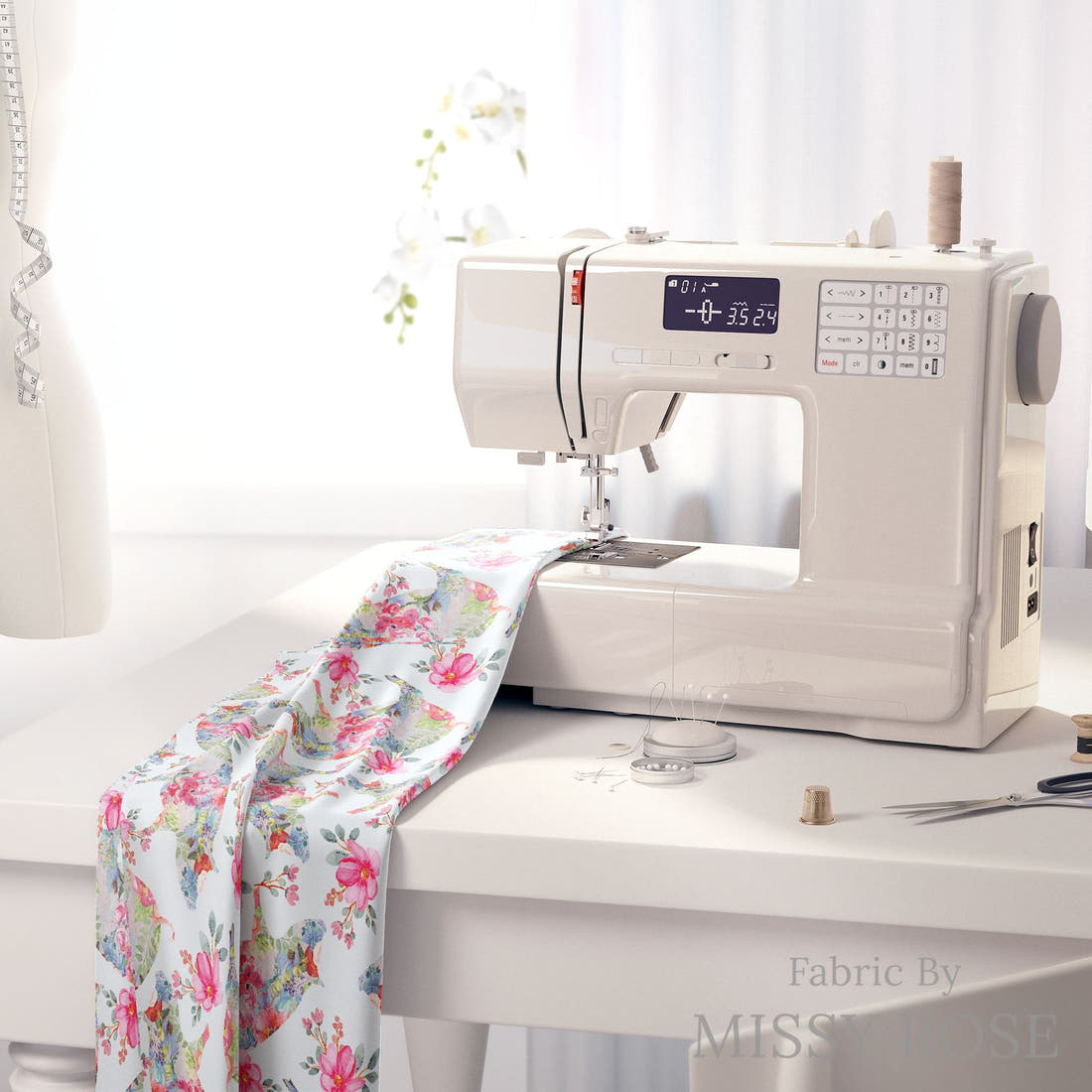 Design 259 Floral Pig Fabric on a sewing machine – premium fabric for sewing projects | Fabric by Missy Rose