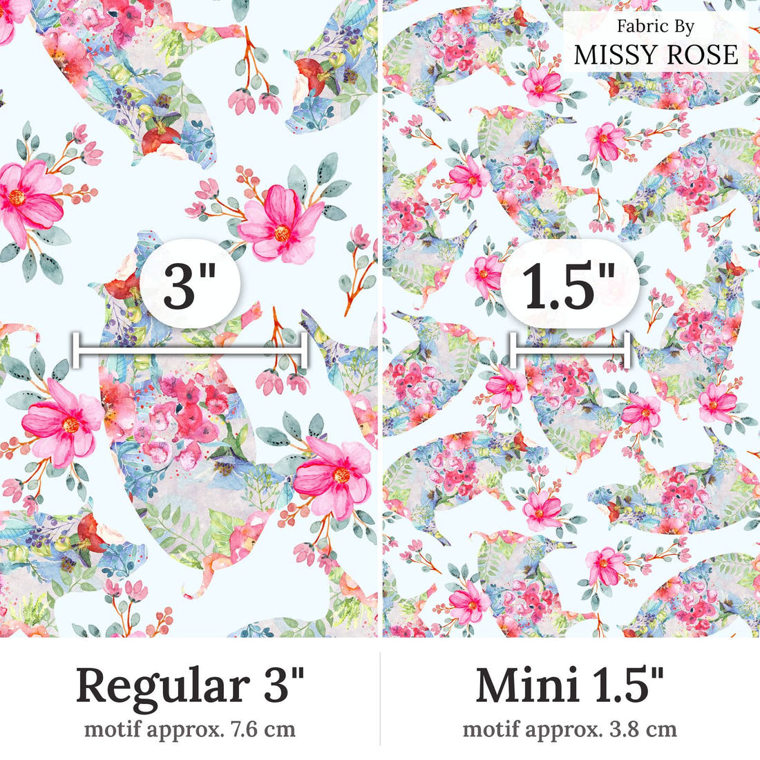 Design 259 Floral Pig Fabric Regular 3 inch vs Mini 1.5 inch print scale side by side | Fabric by Missy Rose