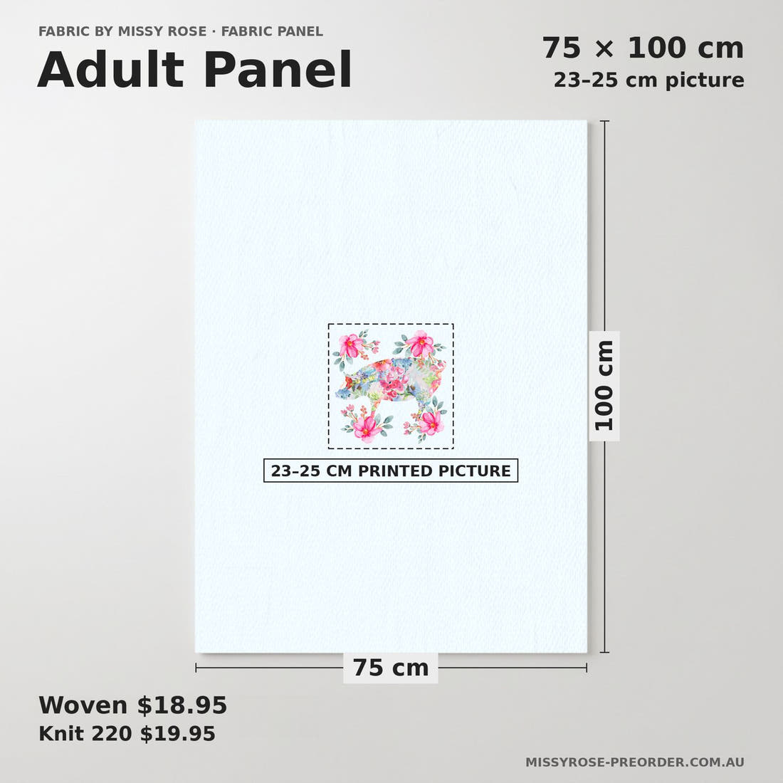 Design 259 Floral Pig Panel adult panel sizing – 23–25 cm printed picture on 75 × 100 cm fabric | Fabric by Missy Rose
