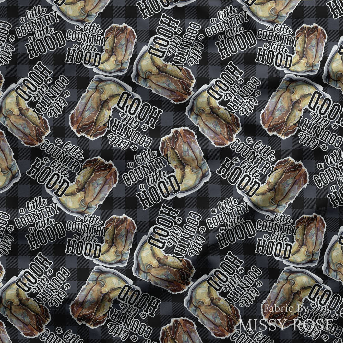 Design 26 Cowboy Boots Fabric draped fabric mockup – custom printed fabric by the metre | Fabric by Missy Rose