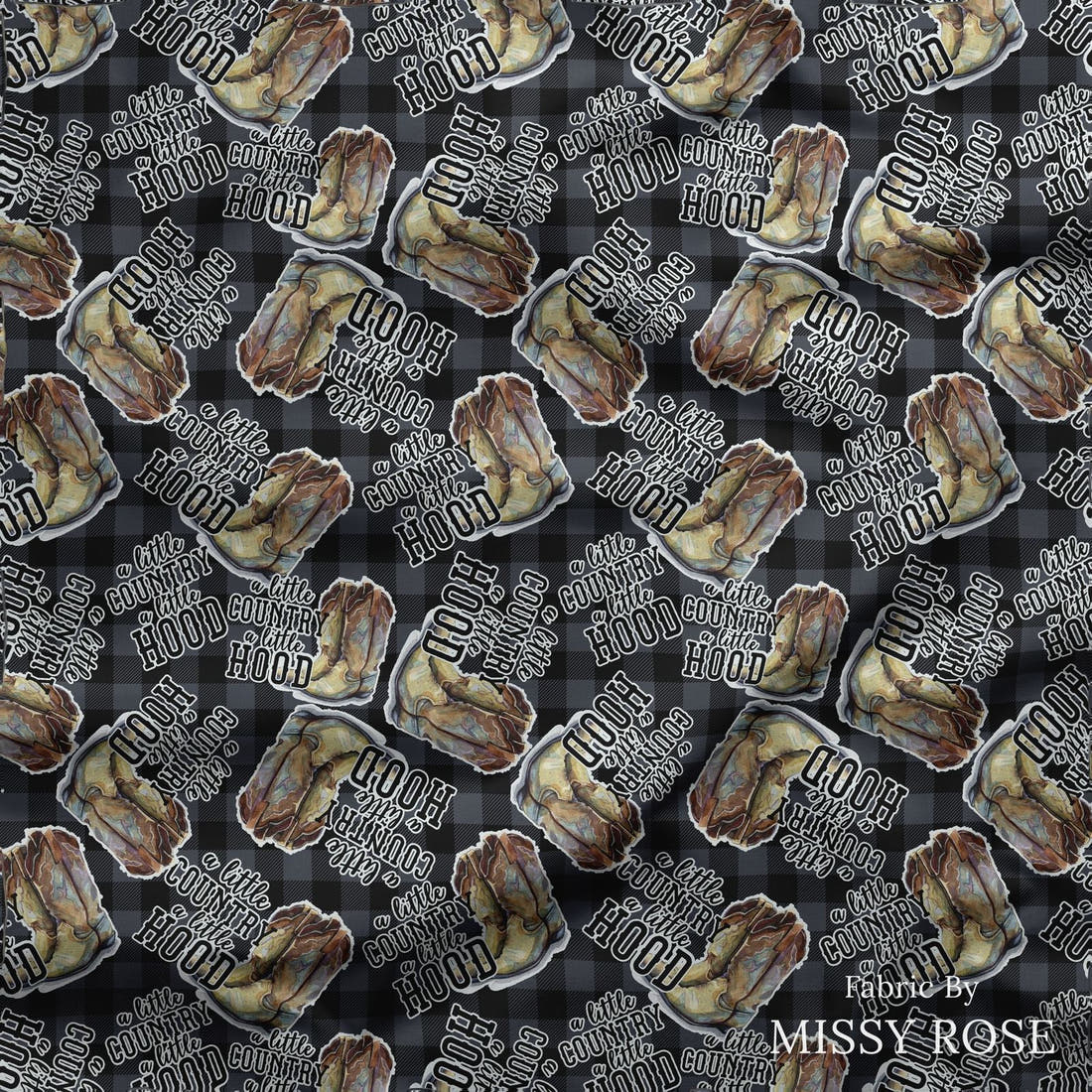 Design 26 Cowboy Boots Fabric draped fabric mockup – custom printed fabric by the metre | Fabric by Missy Rose