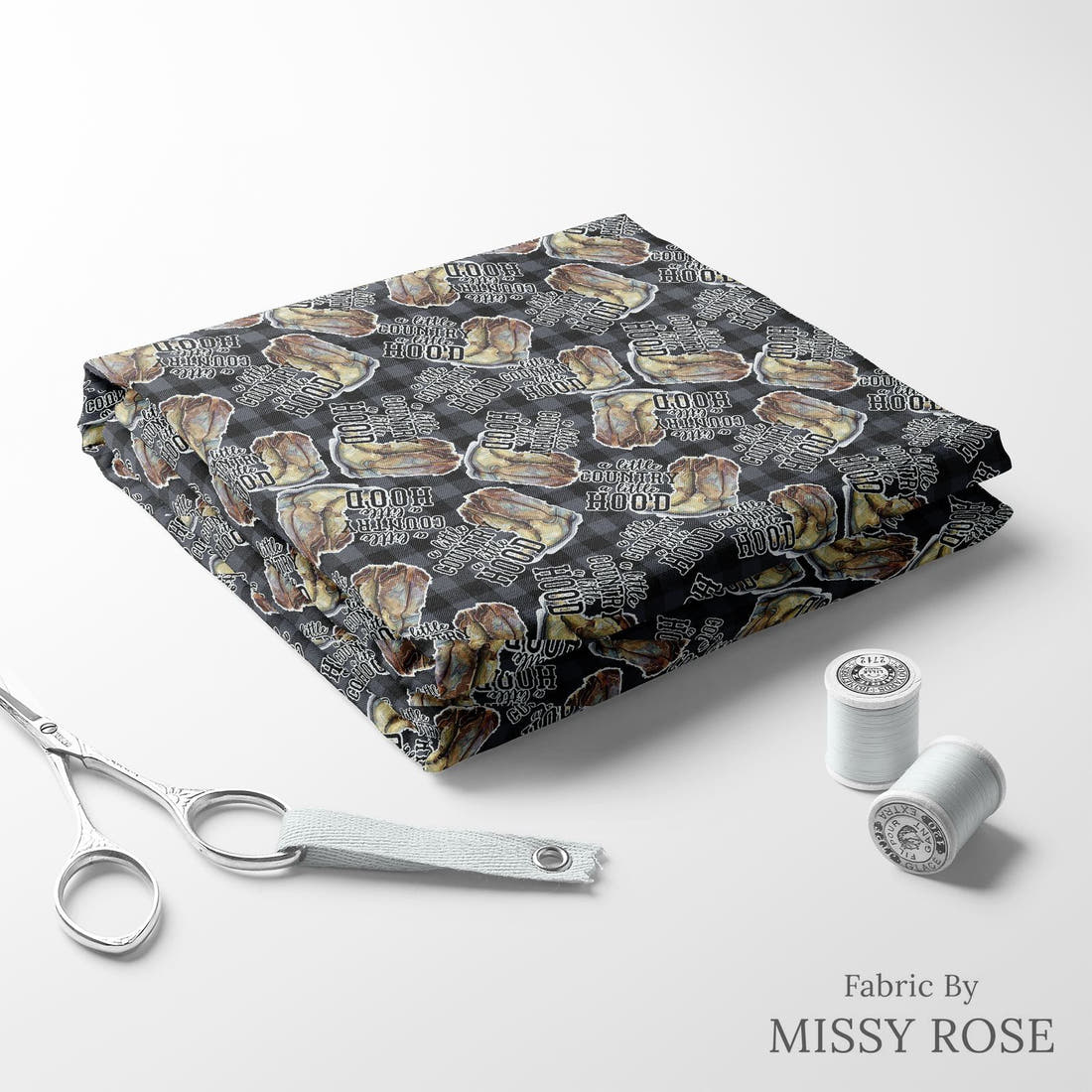 Design 26 Cowboy Boots Fabric folded fabric stack with matching thread – pre-order fabric Australia | Fabric by Missy Rose
