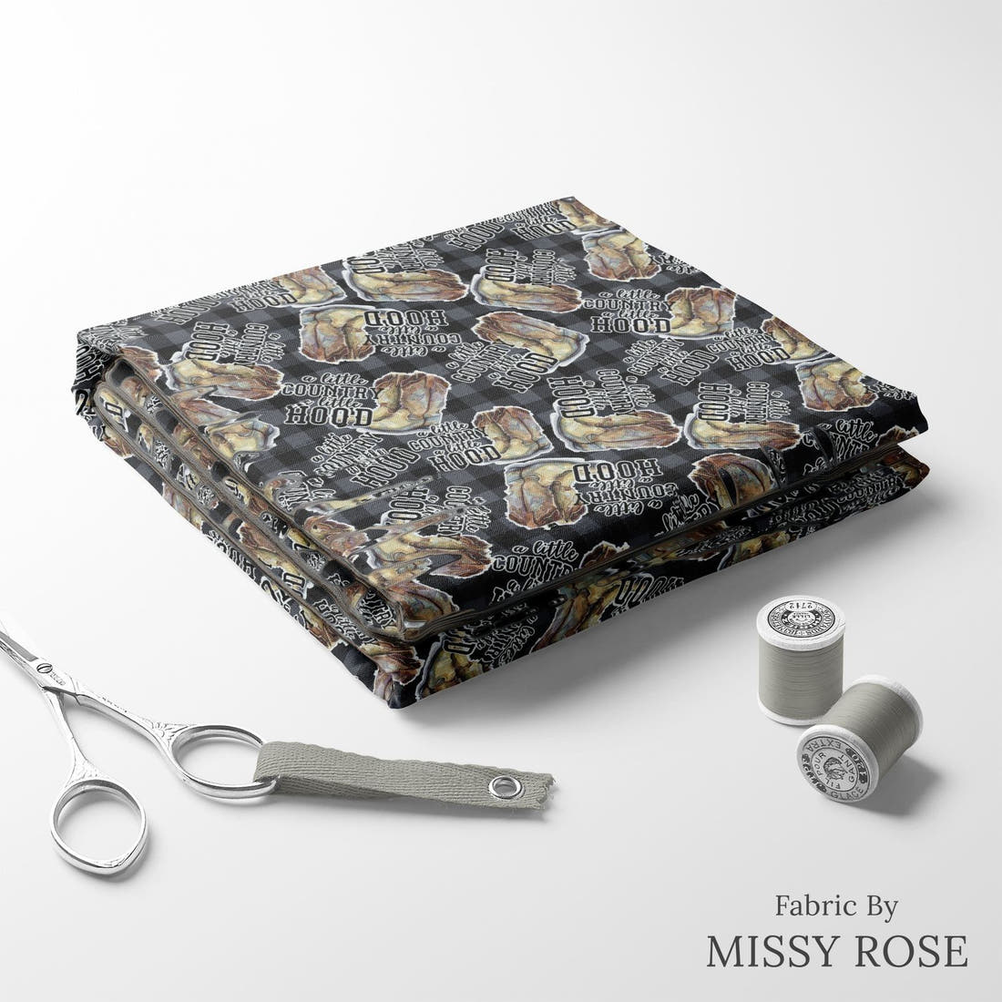 Design 26 Cowboy Boots Fabric folded fabric stack with matching thread – pre-order fabric Australia | Fabric by Missy Rose
