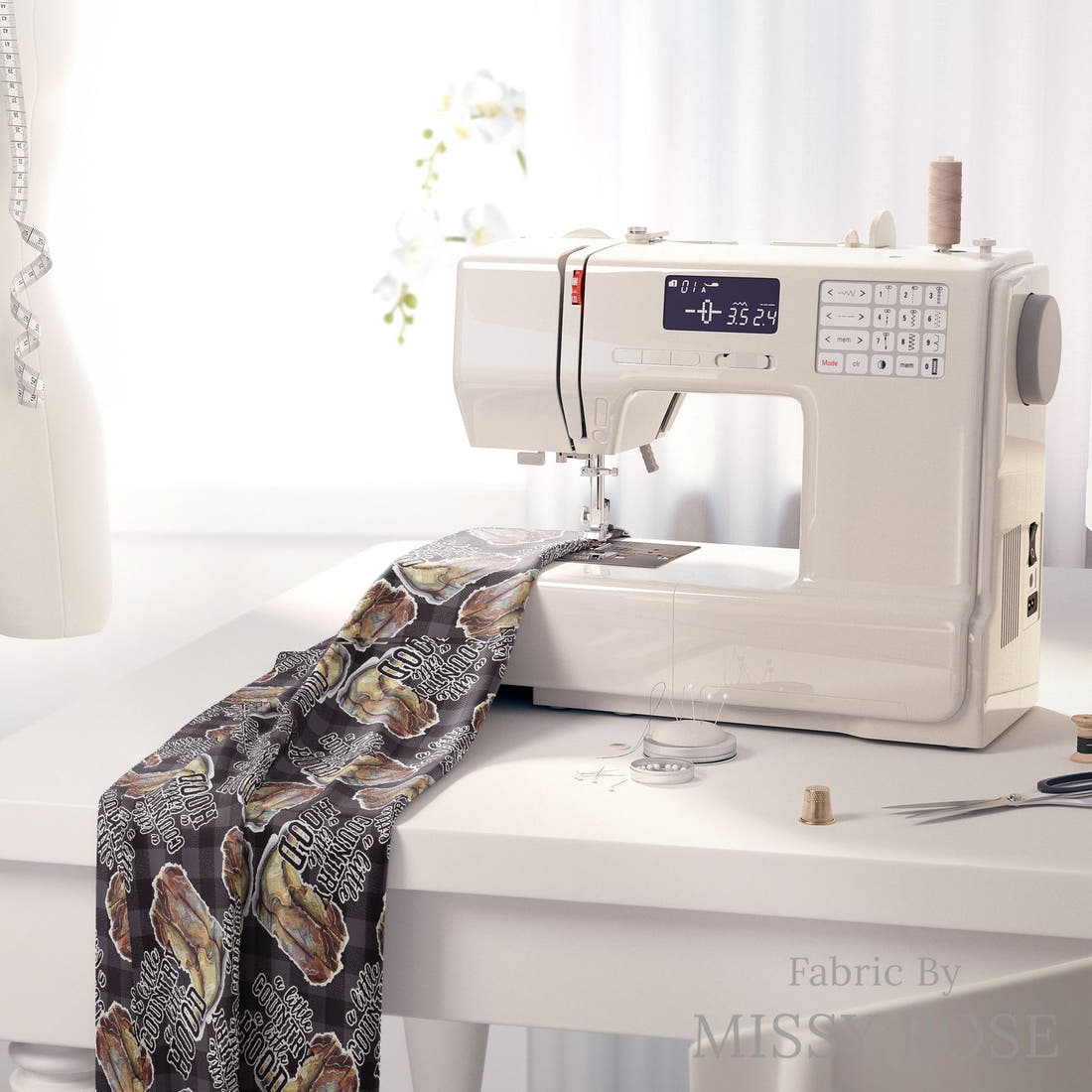 Design 26 Cowboy Boots Fabric on a sewing machine – premium fabric for sewing projects | Fabric by Missy Rose
