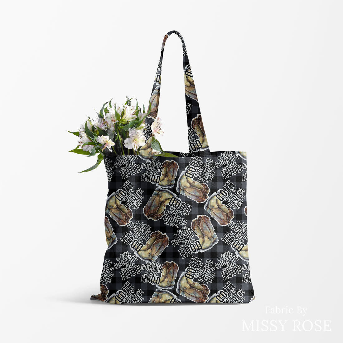 Design 26 Cowboy Boots Fabric made up as a tote bag – see how the print looks made up | Fabric by Missy Rose