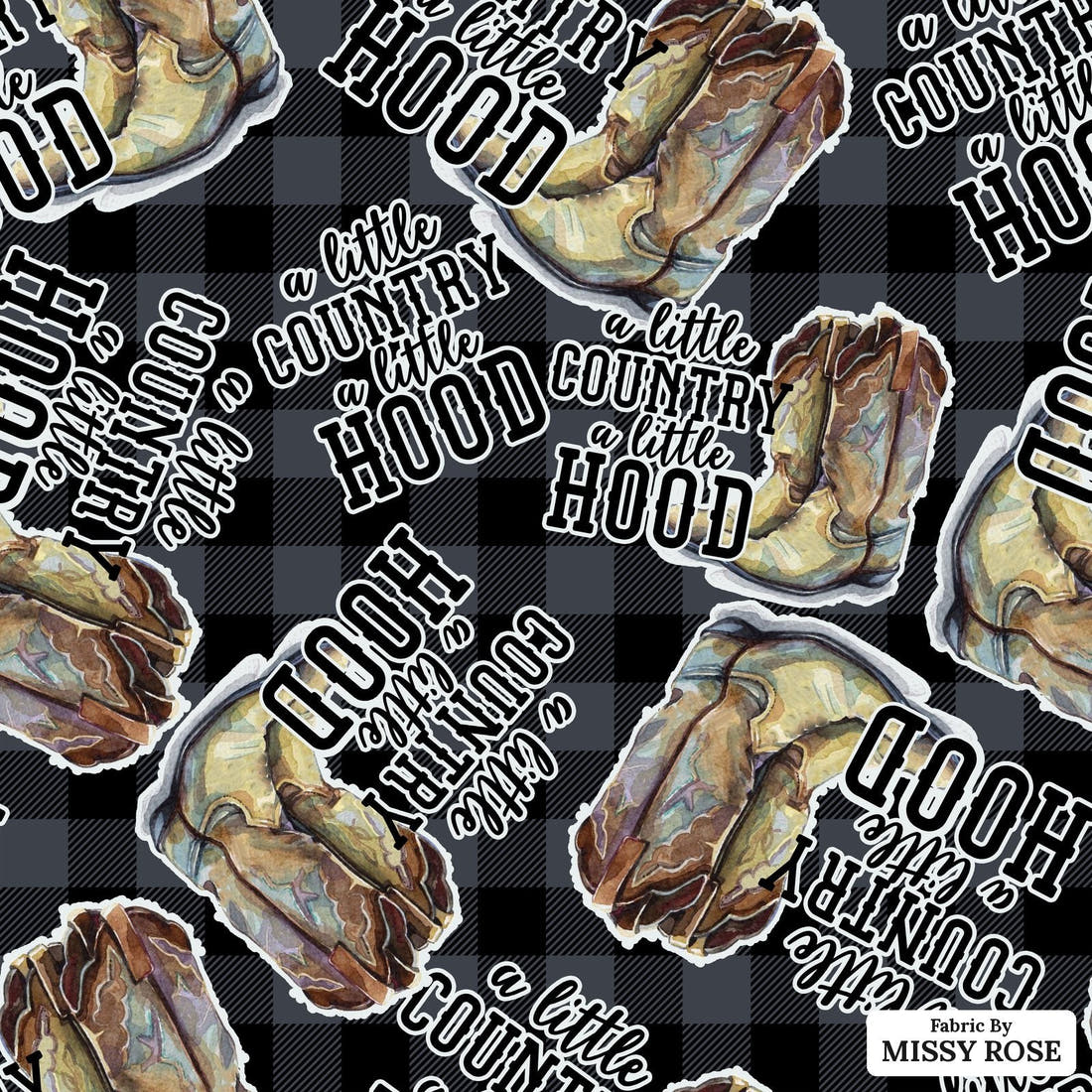 Design 26 Cowboy Boots Fabric - flat view of the print, zoom in for detail | Fabric by Missy Rose