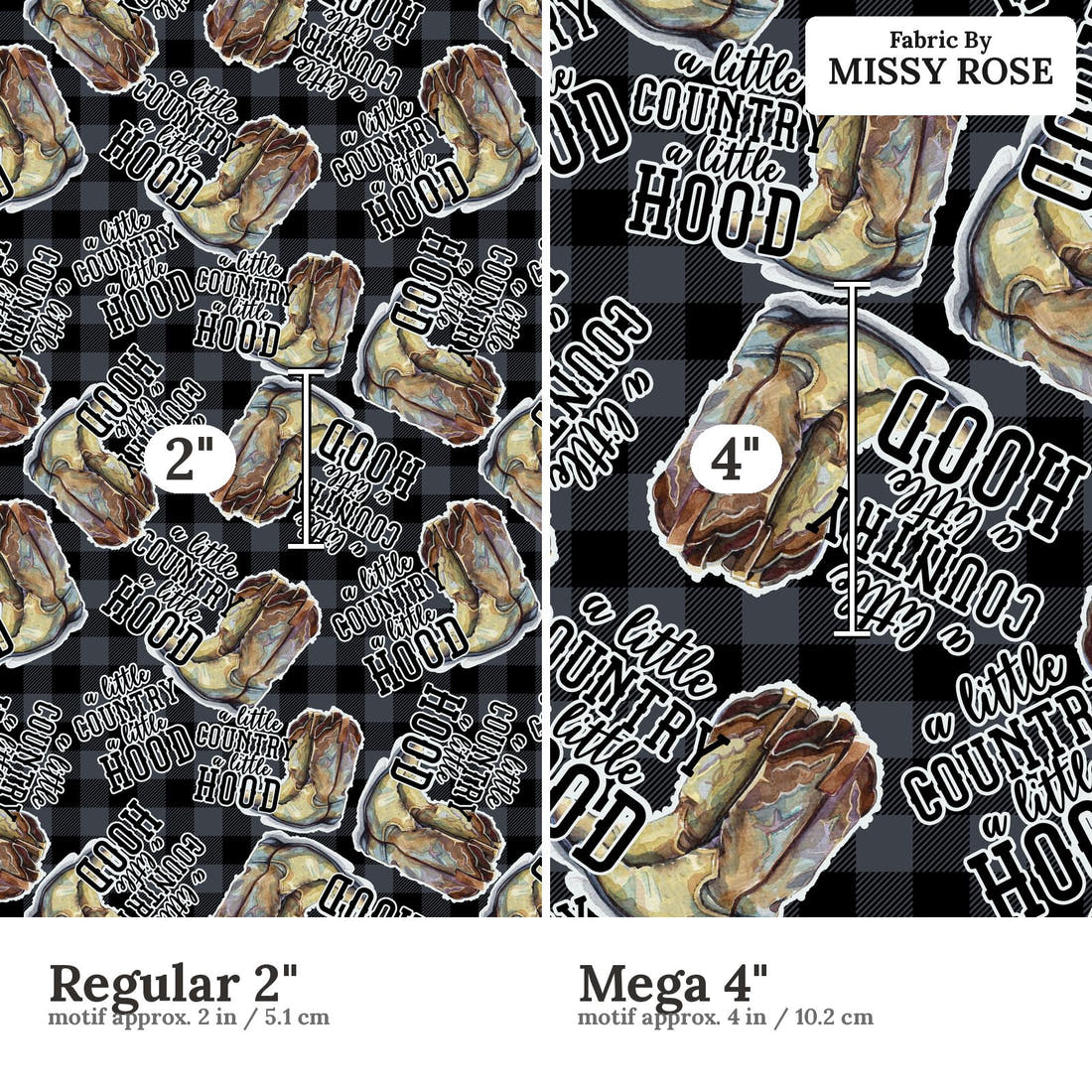 Design 26 Cowboy Boots Fabric size comparison - print scale | Fabric by Missy Rose
