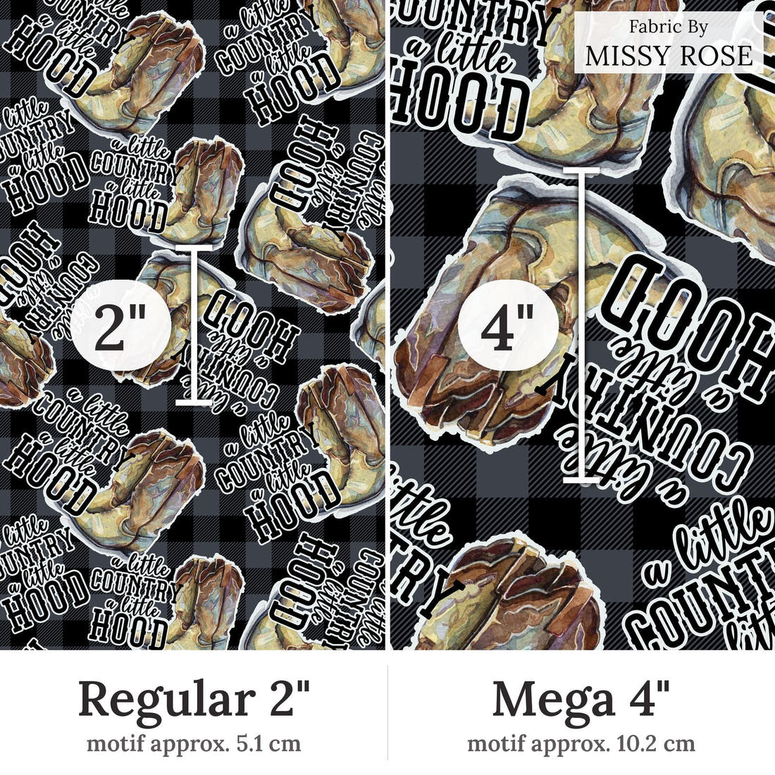 Design 26 Cowboy Boots Fabric Regular 2 inch vs Mega 4 inch print scale side by side | Fabric by Missy Rose