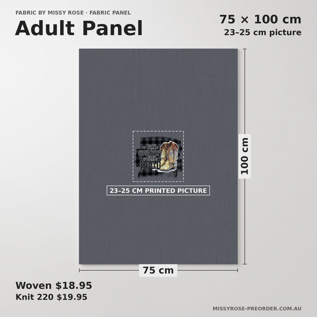 Design 26 Cowboy Boots Panel adult panel sizing – 23–25 cm printed picture on 75 × 100 cm fabric | Fabric by Missy Rose