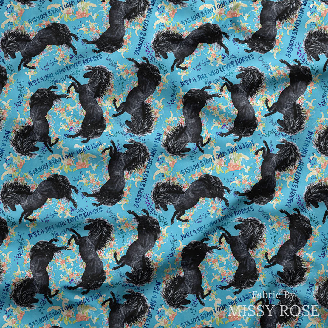 Design 260 Blue Horse Fabric draped fabric mockup – custom printed fabric by the metre | Fabric by Missy Rose
