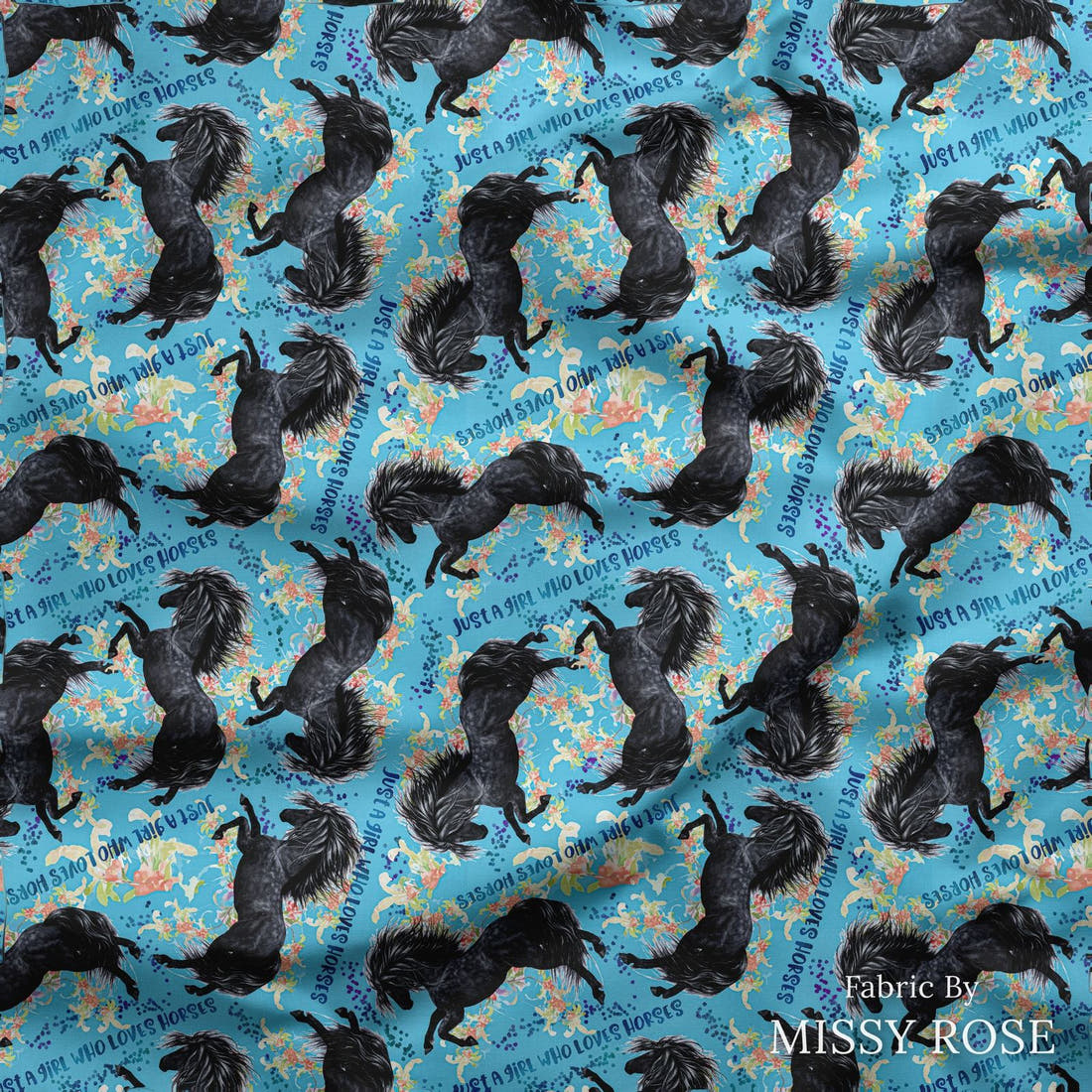 Design 260 Blue Horse Fabric draped fabric mockup – custom printed fabric by the metre | Fabric by Missy Rose