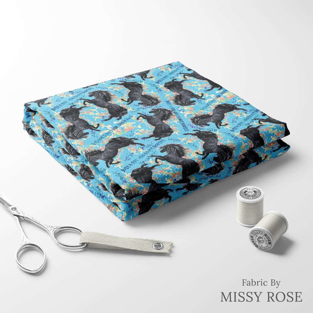 Design 260 Blue Horse Fabric folded fabric stack with matching thread – pre-order fabric Australia | Fabric by Missy Rose