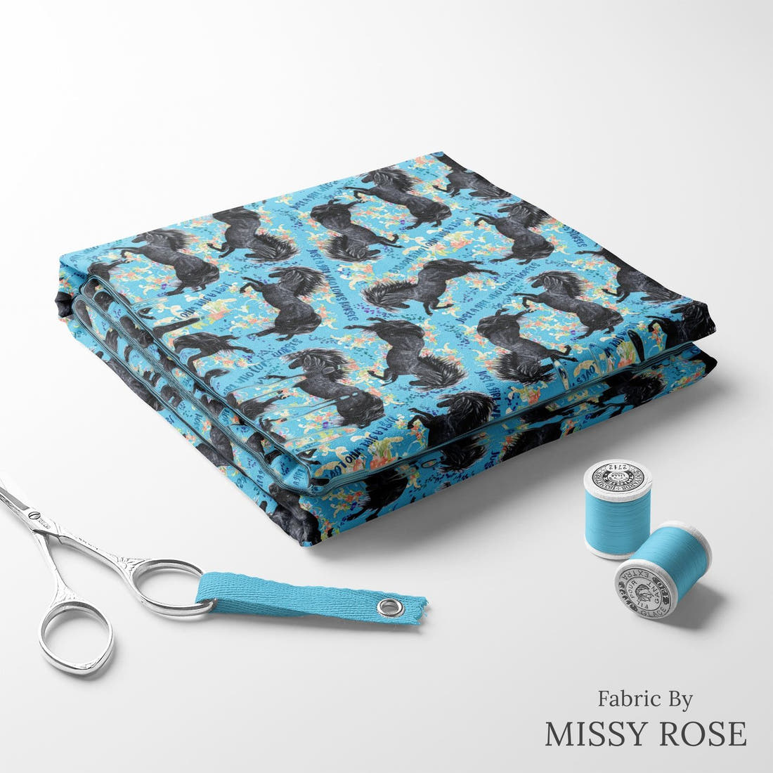 Design 260 Blue Horse Fabric folded fabric stack with matching thread – pre-order fabric Australia | Fabric by Missy Rose