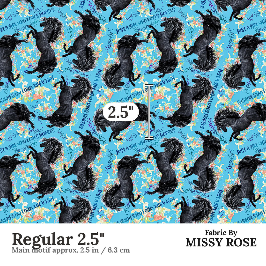 Design 260 Blue Horse Fabric Regular 2.5" - print scale | Fabric by Missy Rose